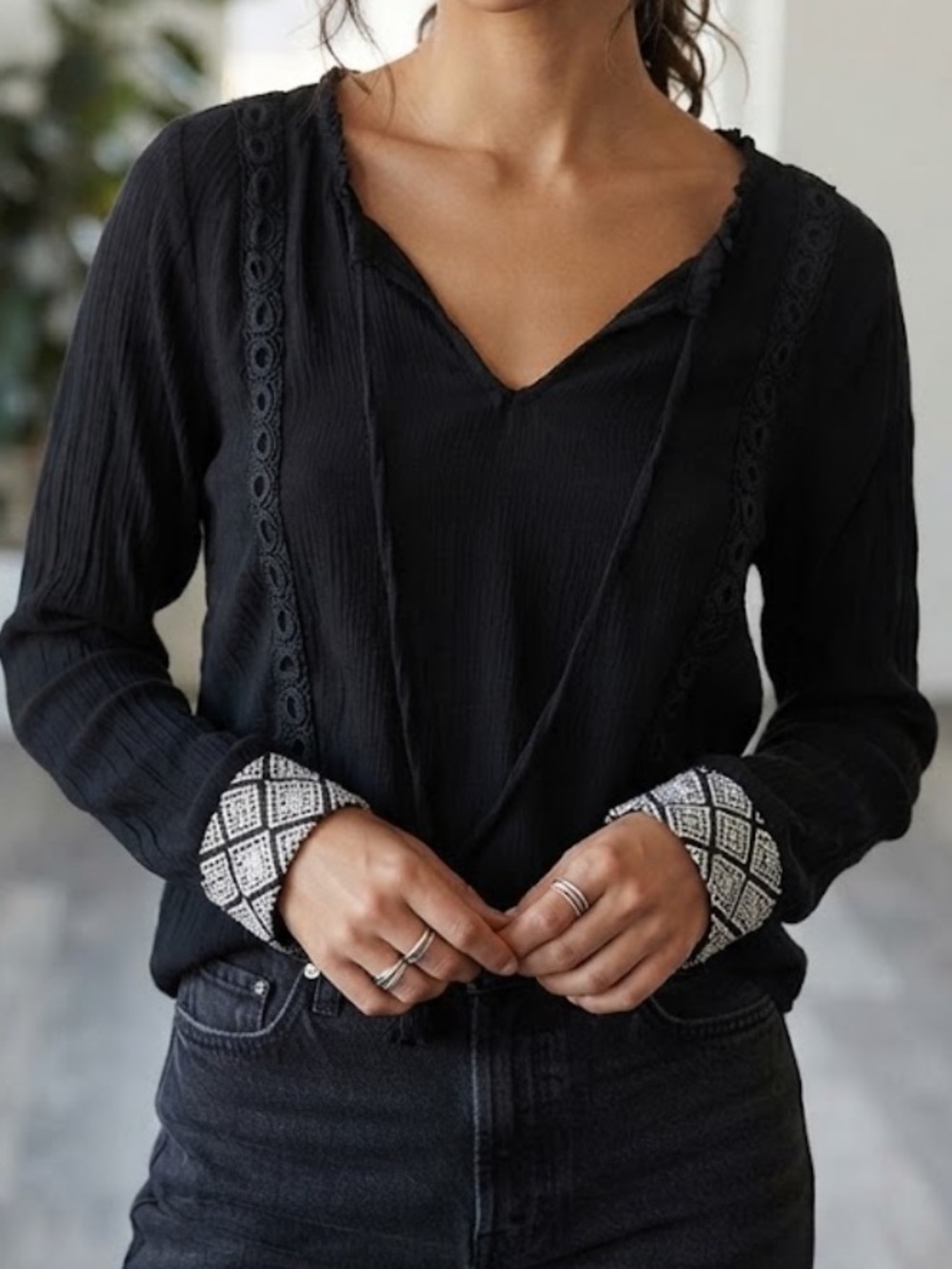 C Cotton Gauze Embroidered Boho Top Medium